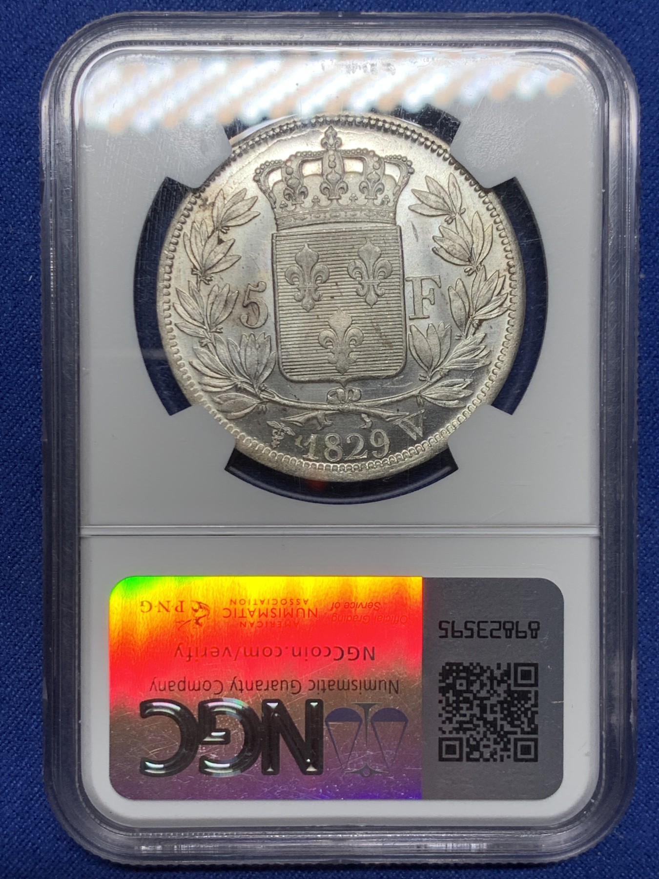 《竞宝斋》第240场-周日，周一 年终尾场 (全场包邮) NGC MS63 唯一亚军分 法国1829查理十世5法郎银币 W厂里尔铸造 原光好品未流通 十字转光凝霜感，深打制状态无敌，字口锋利