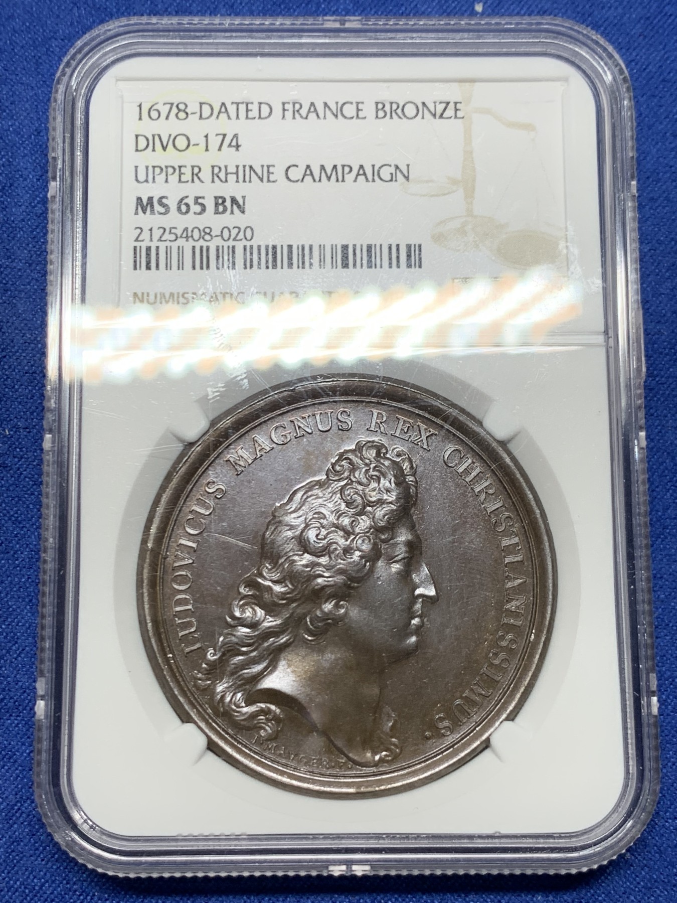 《竞宝斋》第240场-周日，周一 年终尾场 (全场包邮) 唯一冠军分 NGC MS65BN 法国1678年路易十四太阳王莱茵战役纪念大铜章