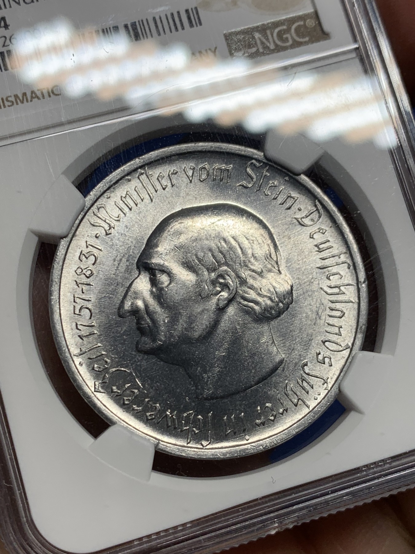 《竞宝斋》第240场-周日，周一 年终尾场 (全场包邮) NGC MS64 德国紧急状态硬币威斯特法伦1923年五千万马克马币，德紧少见品种，超强转光，铸纹清晰，足够自藏
