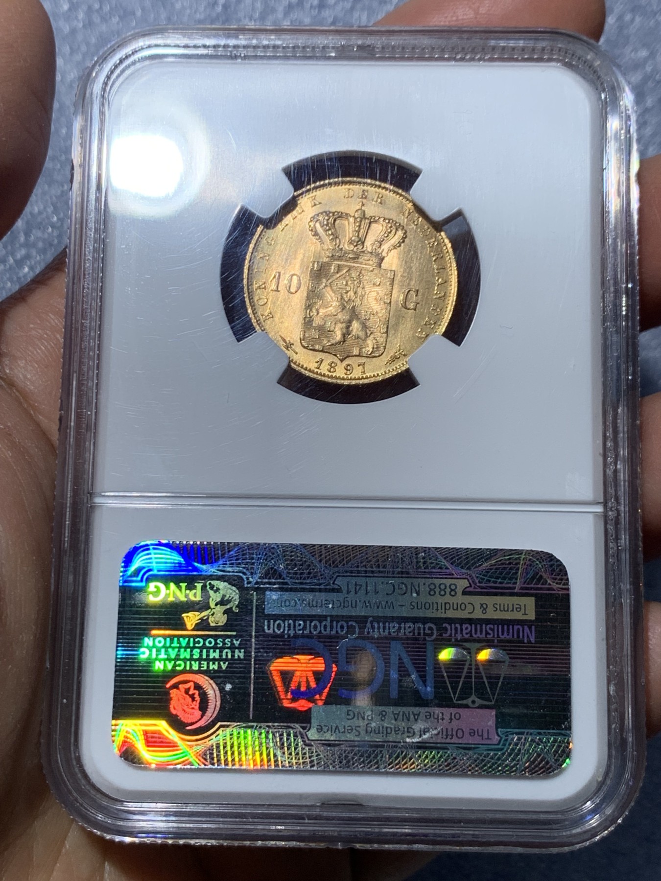 《竞宝斋》第240场-周日，周一 年终尾场 (全场包邮) NGC-MS65 NGC MS65 荷兰王国1897威廉明娜女王10盾金币 6.72克 900金 PL底板 热门大涨品种金萝莉  高分好状态