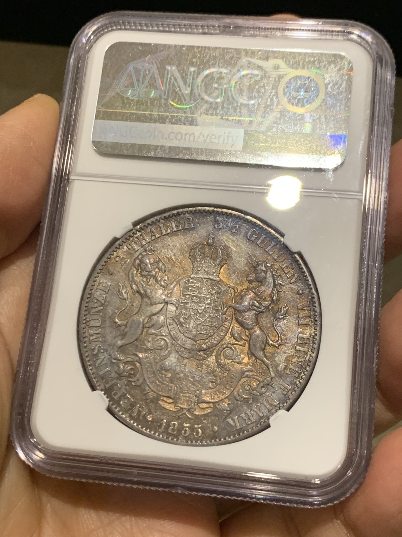 《竞宝斋》第240场-周日，周一 年终尾场 (全场包邮) NGC-UNC 德国1855年汉诺威2泰勒大银币 双狮清晰包浆极美 性价比好