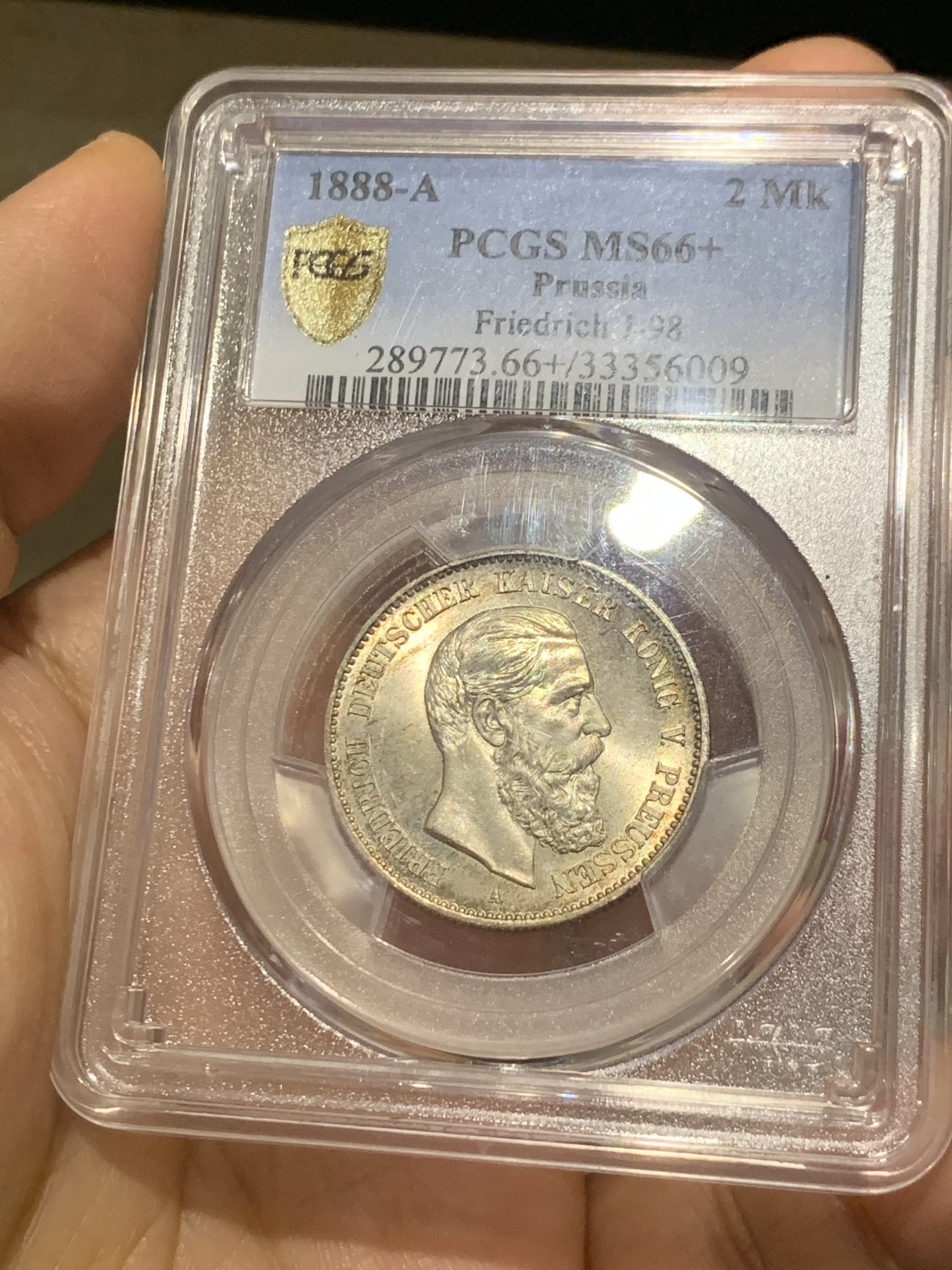 《竞宝斋》第240场-周日，周一 年终尾场 (全场包邮) PCGS-MS66+ 德国普鲁士1888三皇年弗里德里希三世短翅鹰2马克银币，高分难得，转光强烈。