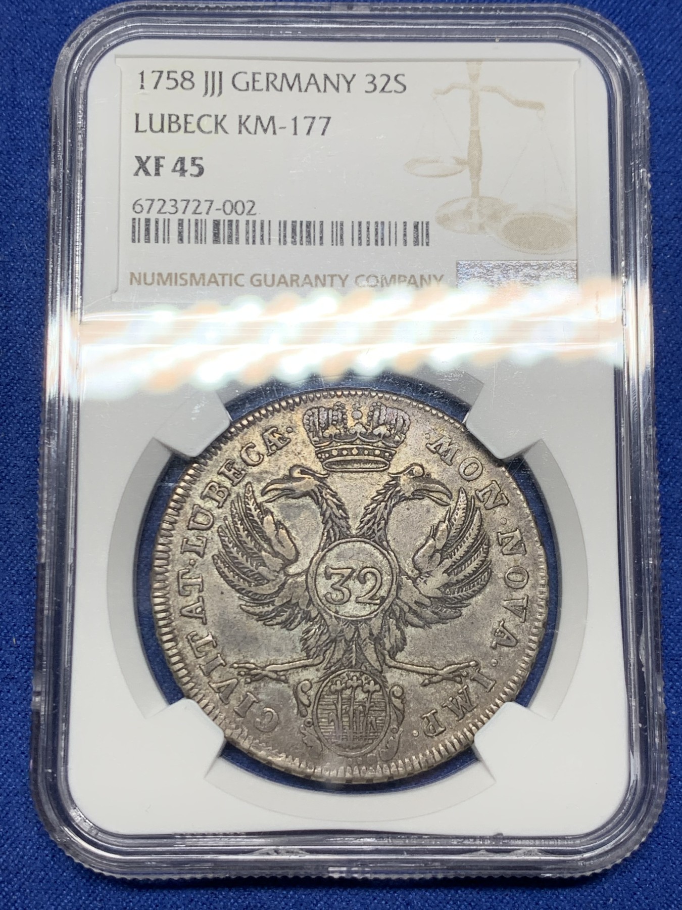 《竞宝斋》第240场-周日，周一 年终尾场 (全场包邮) NGC- XF45 德国 1758 吕贝克32先令银币 原味包浆 打制不错