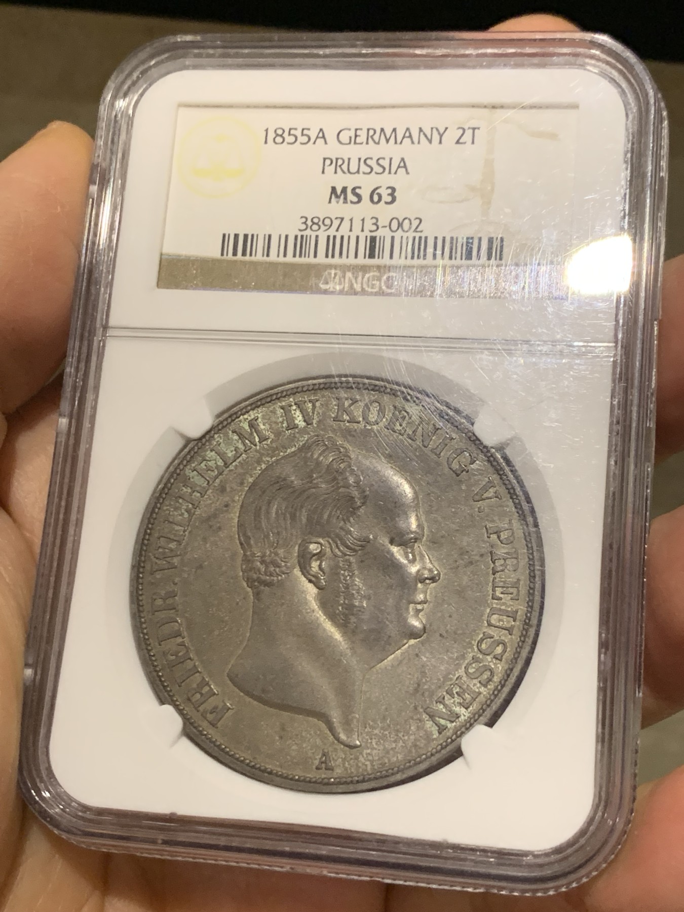 《竞宝斋》第240场-周日，周一 年终尾场 (全场包邮) NGC MS63 德国1855普鲁士 洋葱头 2泰勒大窗帘银币 老盒封装双面深彩 均匀的灰绿包浆 难得状态