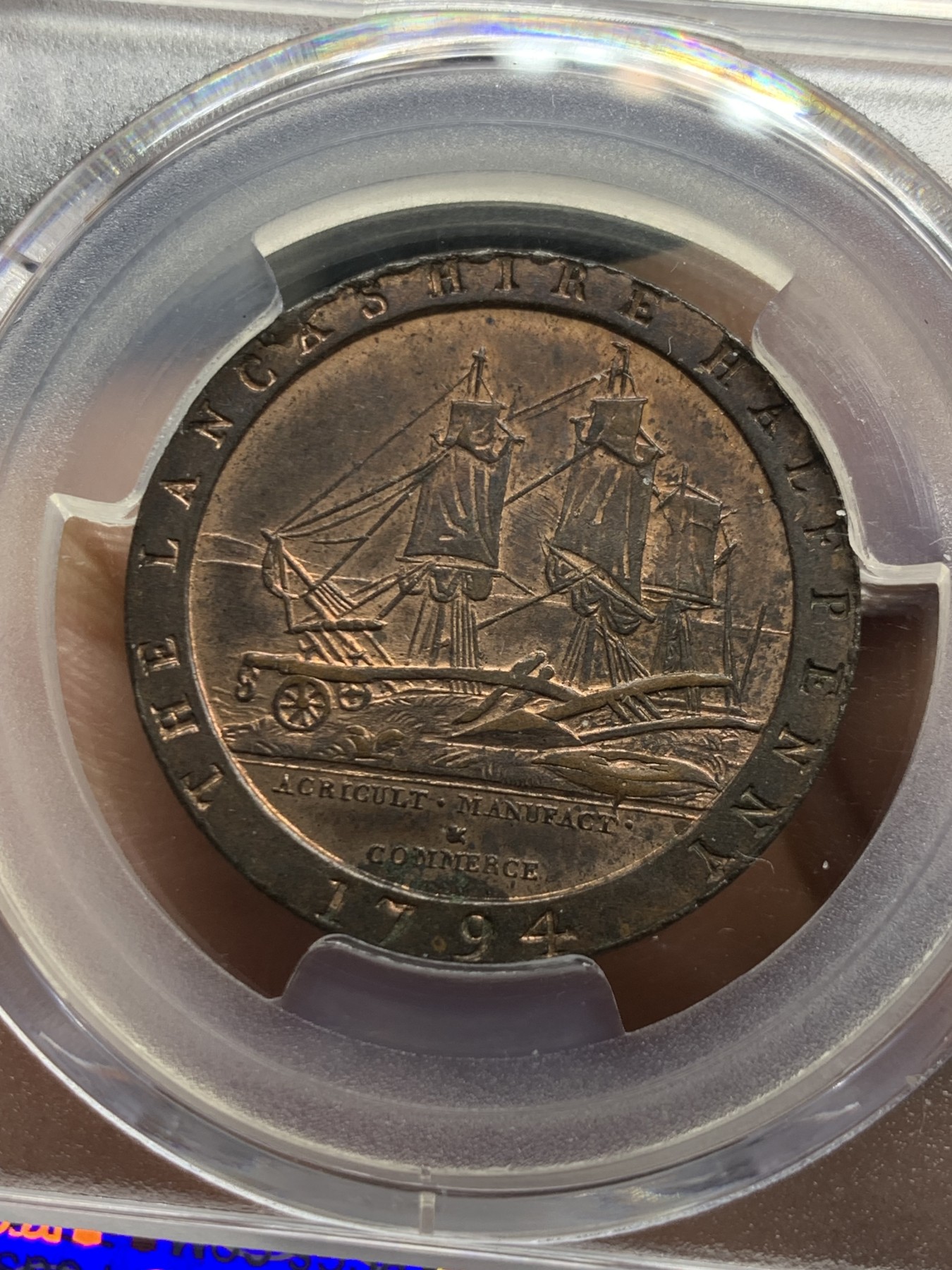 《竞宝斋》第240场-周日，周一 年终尾场 (全场包邮) PCGS MS63RB 英国1794年兰开斯特半便士铜代币 Conder Token，底板镜面效果明显，RB状态原铜光，少见状态。SOHO厂制作，大车轮便士技术鼻祖，最早采用宽边铭技术的钱币，麦稀奇63分成交含佣￥1981