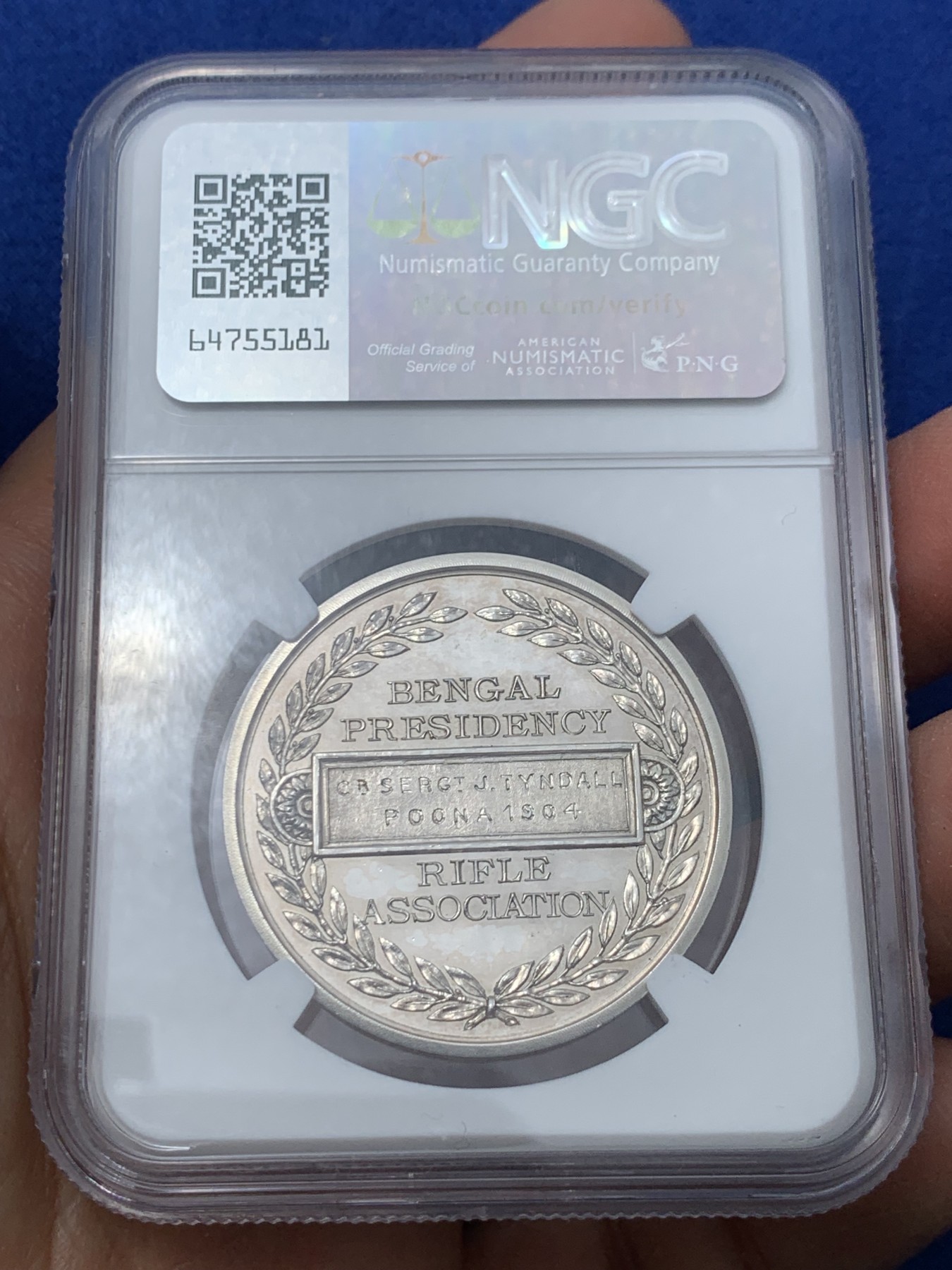 《竞宝斋》第240场-周日，周一 年终尾场 (全场包邮) NGC-UNC 印度1904银章 孟加拉总统步枪协会奖章 行走的老虎 栩栩如生 35mm 带原盒 麦稀奇首见品种