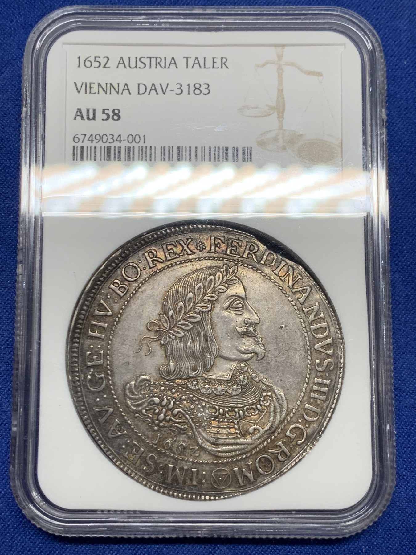 《竞宝斋》第240场-周日，周一 年终尾场 (全场包邮) NGC-AU58 1652年 神圣罗马帝国 裴迪南三世 1泰勒 大银币 原光深彩包浆，高点俱在细节佳，低评，该年份冠军分!维也纳造币厂，少见品种，猪嘴利奥波德一世的爸爸
