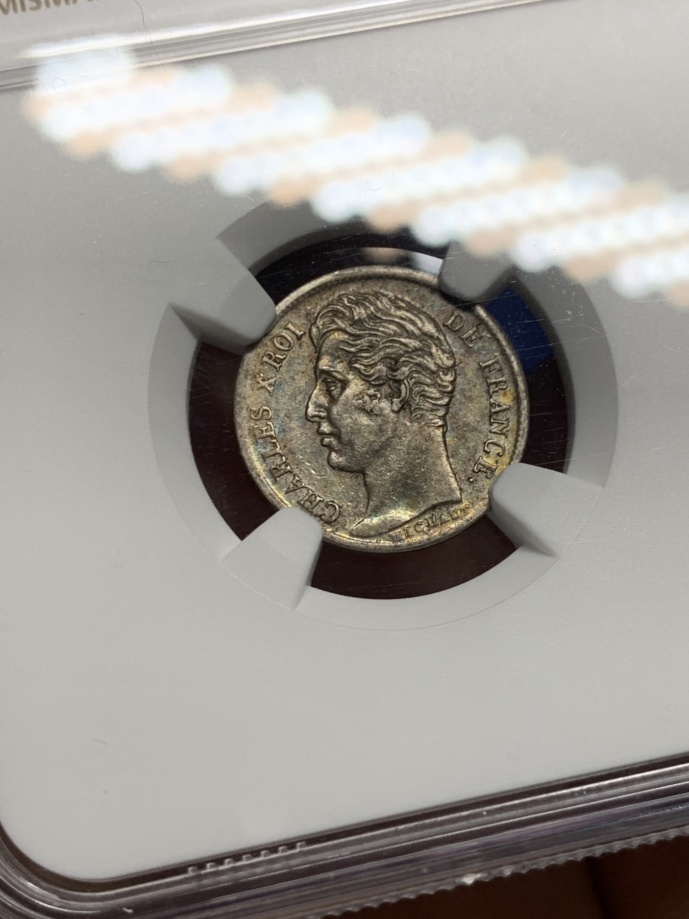 《竞宝斋》第240场-周日，周一 年终尾场 (全场包邮) NGC AU55 法国1828年W版查理十世1/2法郎银币 半法郎好品相稀有 原味老五彩