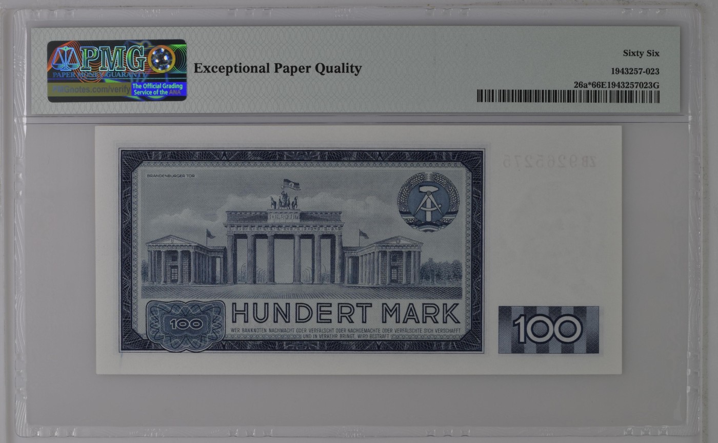 收藏联盟Quantum Auction 第322期拍卖  东德1964年100马克 PMG66 补号 全程无4 革命导师马克思