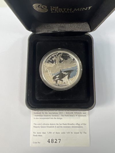 康怡轩钱币【以色列+葡萄牙+库克+澳大利亚+芬兰】第251003期  2011年澳大利亚发行极地系列-杀人鲸1澳元彩色精制纪念银币