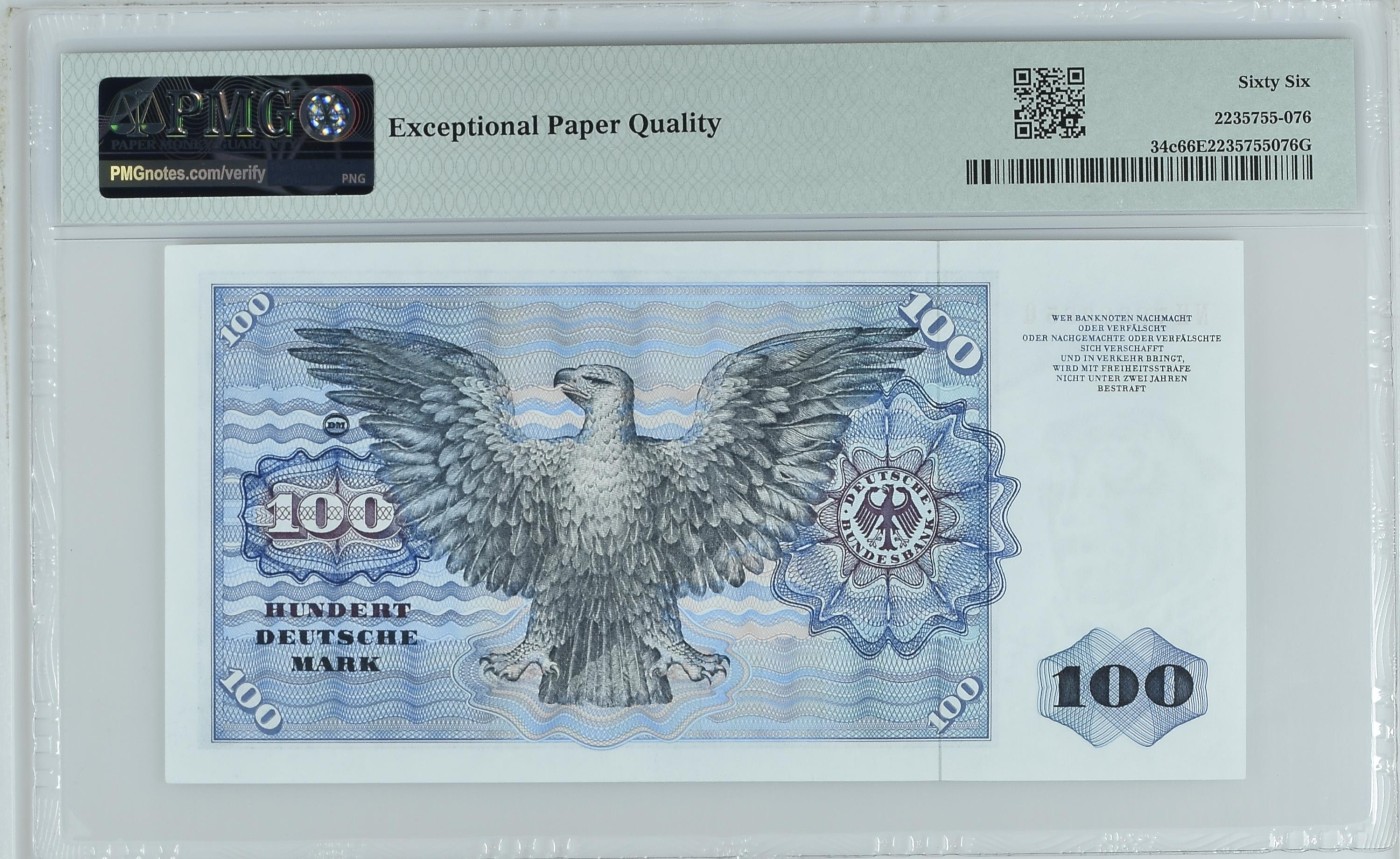 收藏联盟Quantum Auction 第322期拍卖  德国联邦1980年100马克 PMG66 稀少背面无版权标志版 号码无4 数学家明斯特