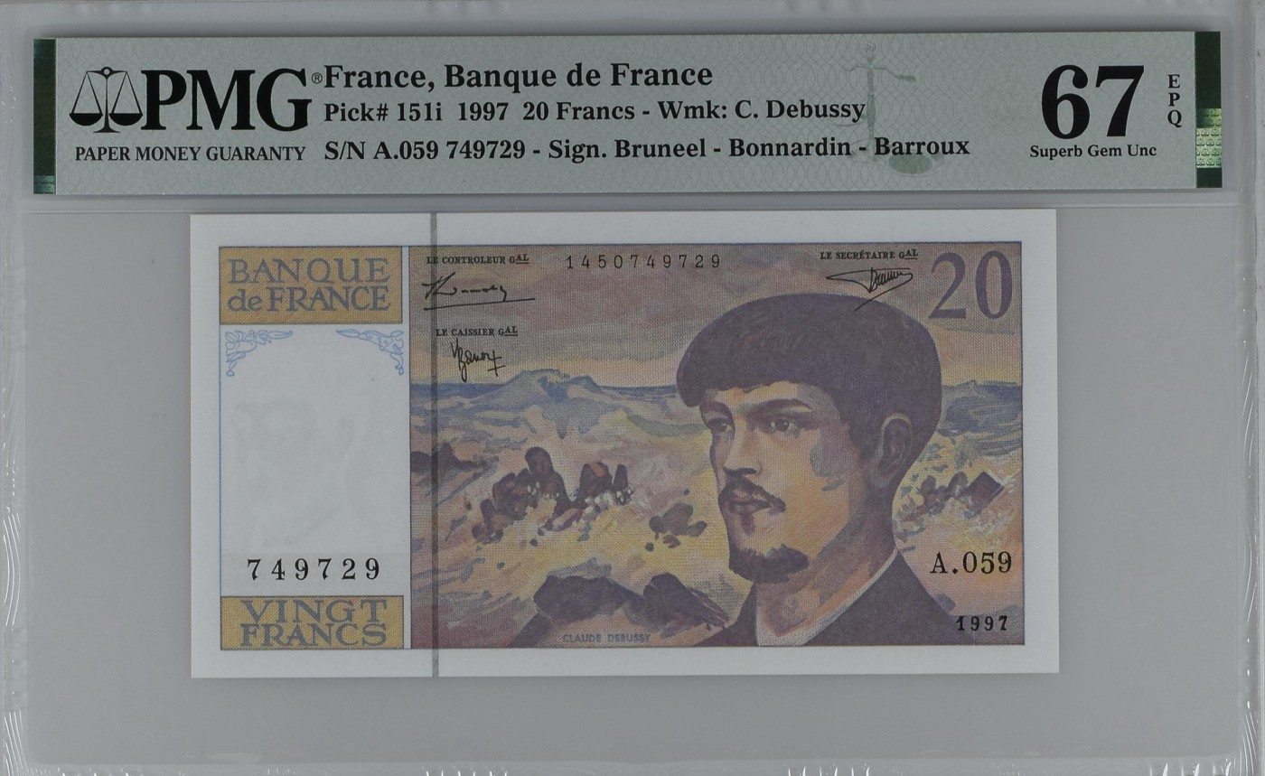 收藏联盟Quantum Auction 第321期拍卖  法国1997年20法郎 PMG67 彪西德