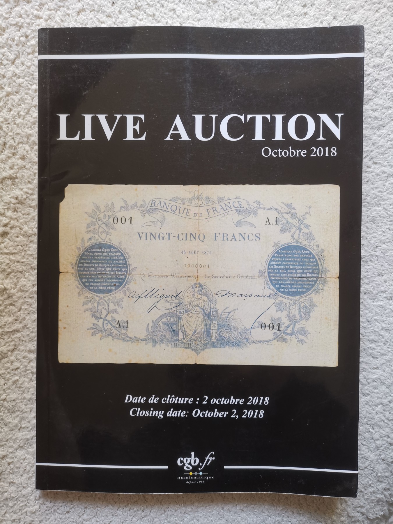 《张总收藏》137期-节前收官-外币畅拍场 Live Auction法国法属纸币目录2018年10月版 罕见的全新无针孔拿破仑现身其中 9成新