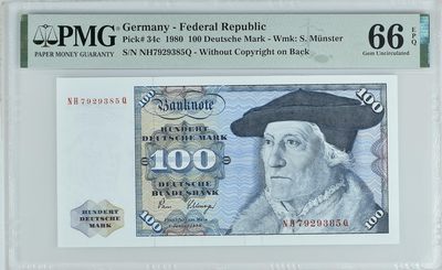 收藏联盟Quantum Auction 第322期拍卖  - 德国联邦1980年100马克 PMG66 稀少背面无版权标志版 号码无4 数学家明斯特