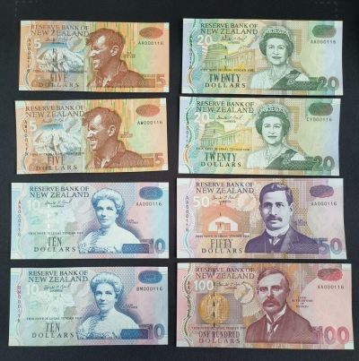 新西兰1992年5-100元，八张全同号，极为稀少 - 新西兰1992年5-100元，八张全同号，极为稀少