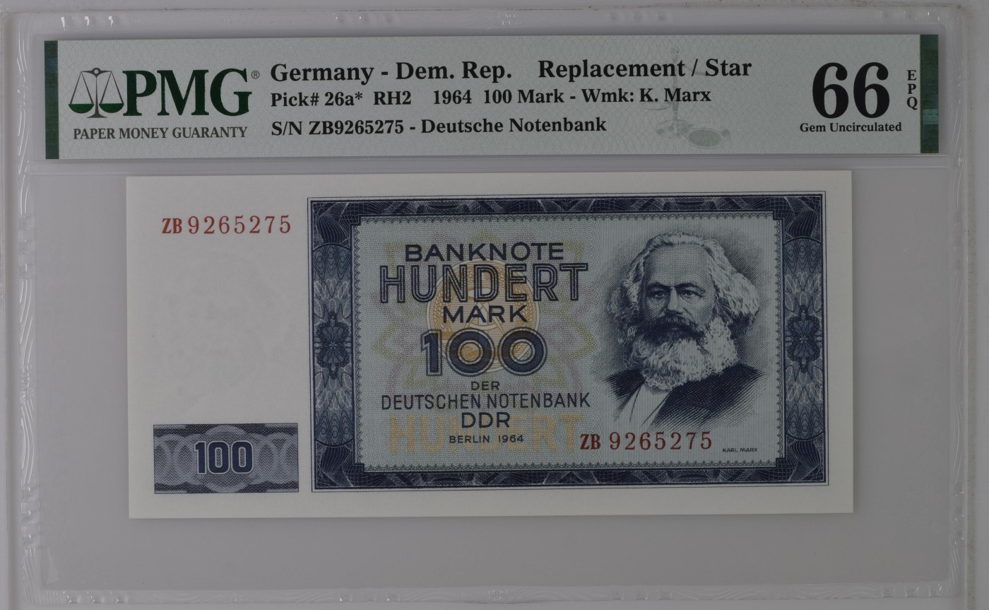 收藏联盟Quantum Auction 第322期拍卖  东德1964年100马克 PMG66 补号 全程无4 革命导师马克思