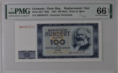收藏联盟Quantum Auction 第322期拍卖  - 东德1964年100马克 PMG66 补号 全程无4 革命导师马克思