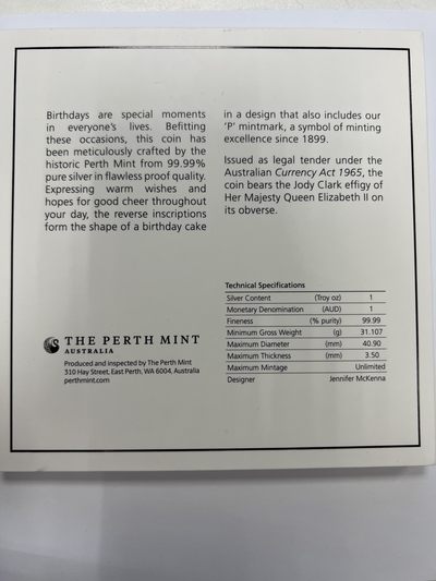 康怡轩钱币【以色列+葡萄牙+库克+澳大利亚+芬兰】第251003期  2022年澳大利亚发行生日快乐1澳元局部彩色精制纪念银币