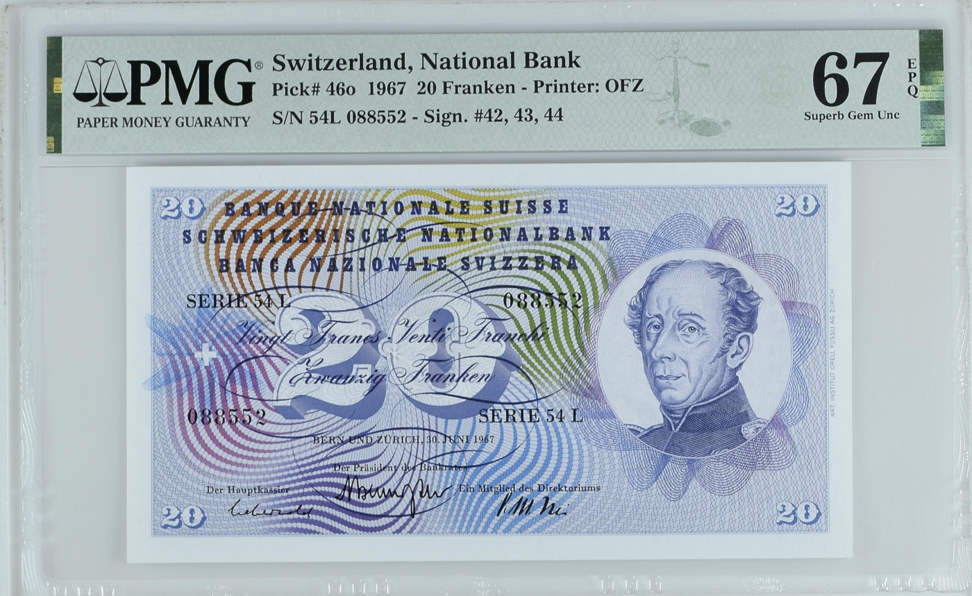 收藏联盟Quantum Auction 第322期拍卖  瑞士1967年20法郎 PMG67