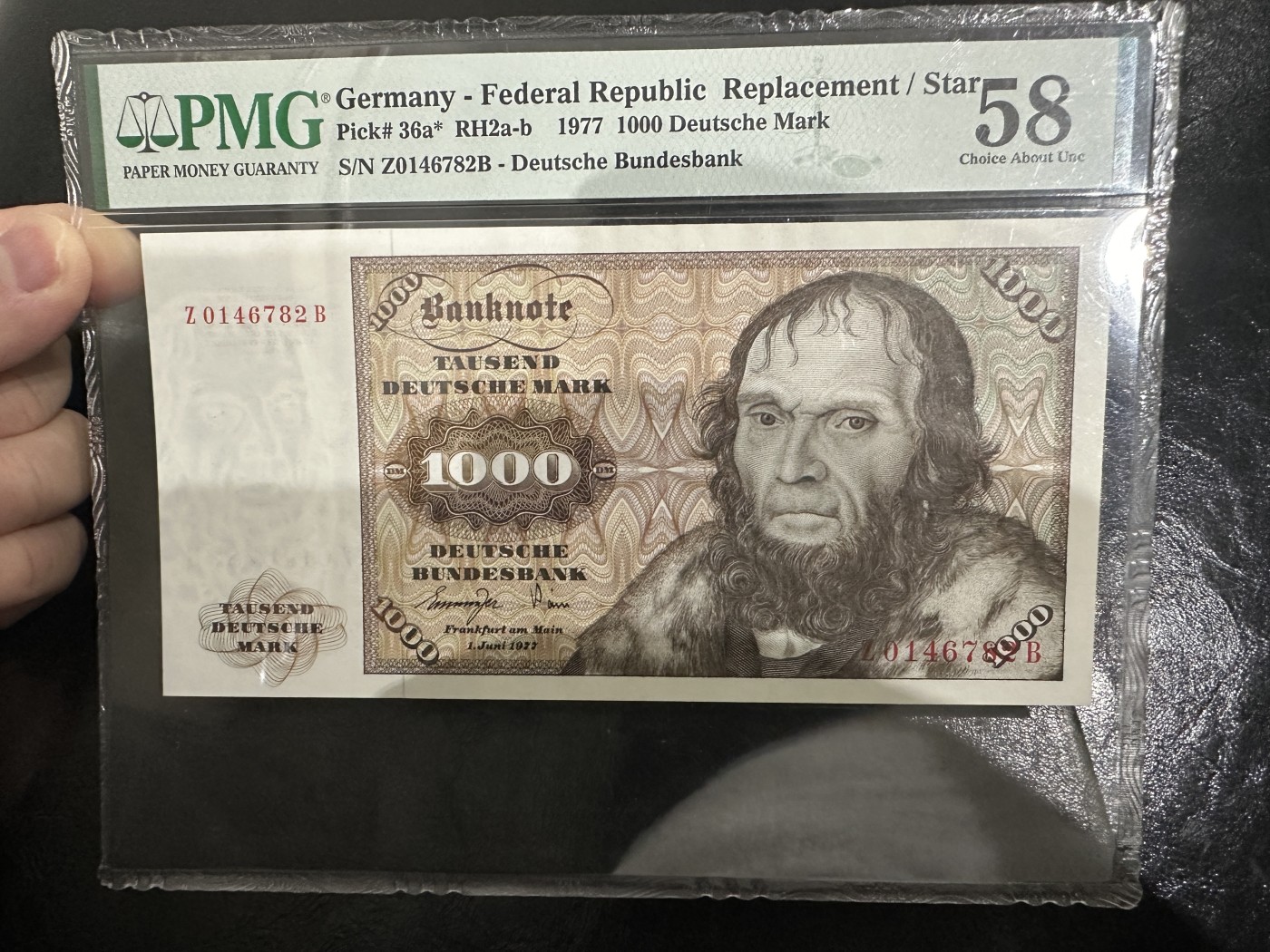 《外钞收藏家》第三百六十五期（连拍第二场） 1977年德国1000马克 舍那 PMG58 补号 稀少 没有明显问题 可以拍了冲高分