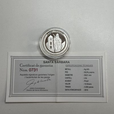 康怡轩钱币【安道尔+西班牙+拉脱维亚+刚果+瑞士+奥地利 纪念币专场】第251014期 2010年安道尔发行救难圣人系列-圣芭芭拉10第纳尔精制纪念银币  有证无盒  1枚