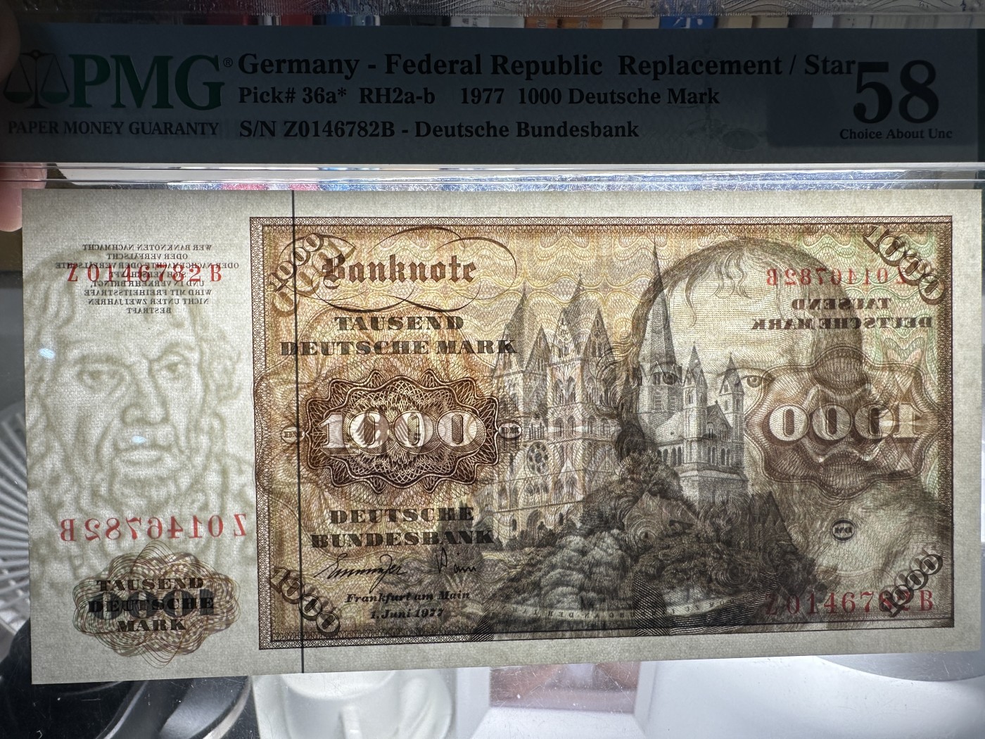 《外钞收藏家》第三百六十五期（连拍第二场） 1977年德国1000马克 舍那 PMG58 补号 稀少 没有明显问题 可以拍了冲高分