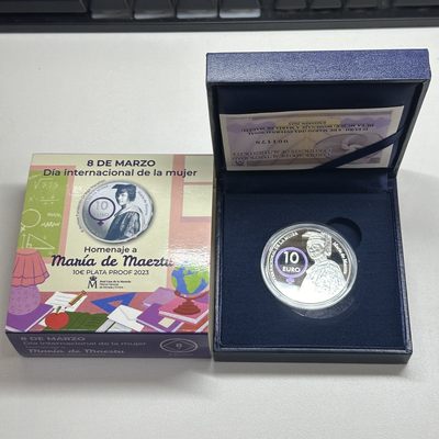 康怡轩钱币【安道尔+西班牙+拉脱维亚+刚果+瑞士+奥地利 纪念币专场】第251014期 2023年西班牙发行玛丽亚·德·梅兹图10欧元彩色精制纪念银币  原盒原证  1枚
