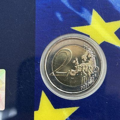 康怡轩钱币【安道尔+西班牙+拉脱维亚+刚果+瑞士+奥地利 纪念币专场】第251014期 2022年安道尔发行货币协议生效10周年2欧元双金属纪念币卡装  1枚