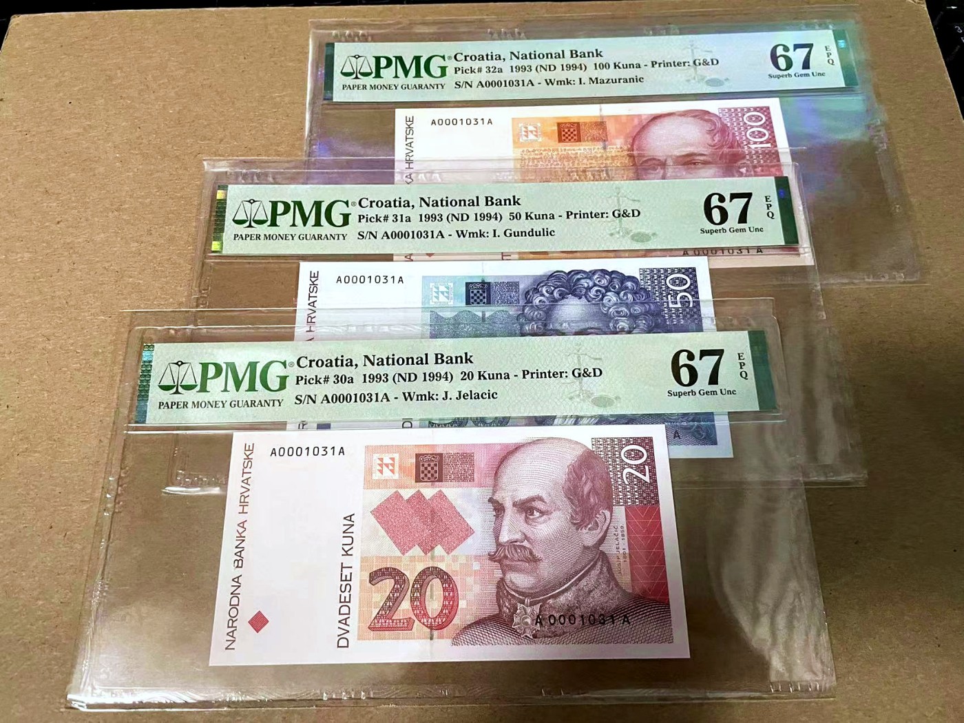 【Blue Auction】✨世界纸币精拍第430期——苍老师专场 PART3  【一组 9张 AA冠1031全同小号】克罗地亚 1993年10-1000库纳 PMG67EPQ-66EPQ 精美  