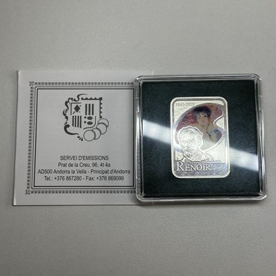 康怡轩钱币【安道尔+西班牙+拉脱维亚+刚果+瑞士+奥地利 纪念币专场】第251014期 2008年安道尔发行世界画家系列-皮埃尔奥古斯特雷诺阿彩色银币  有证无盒  1枚