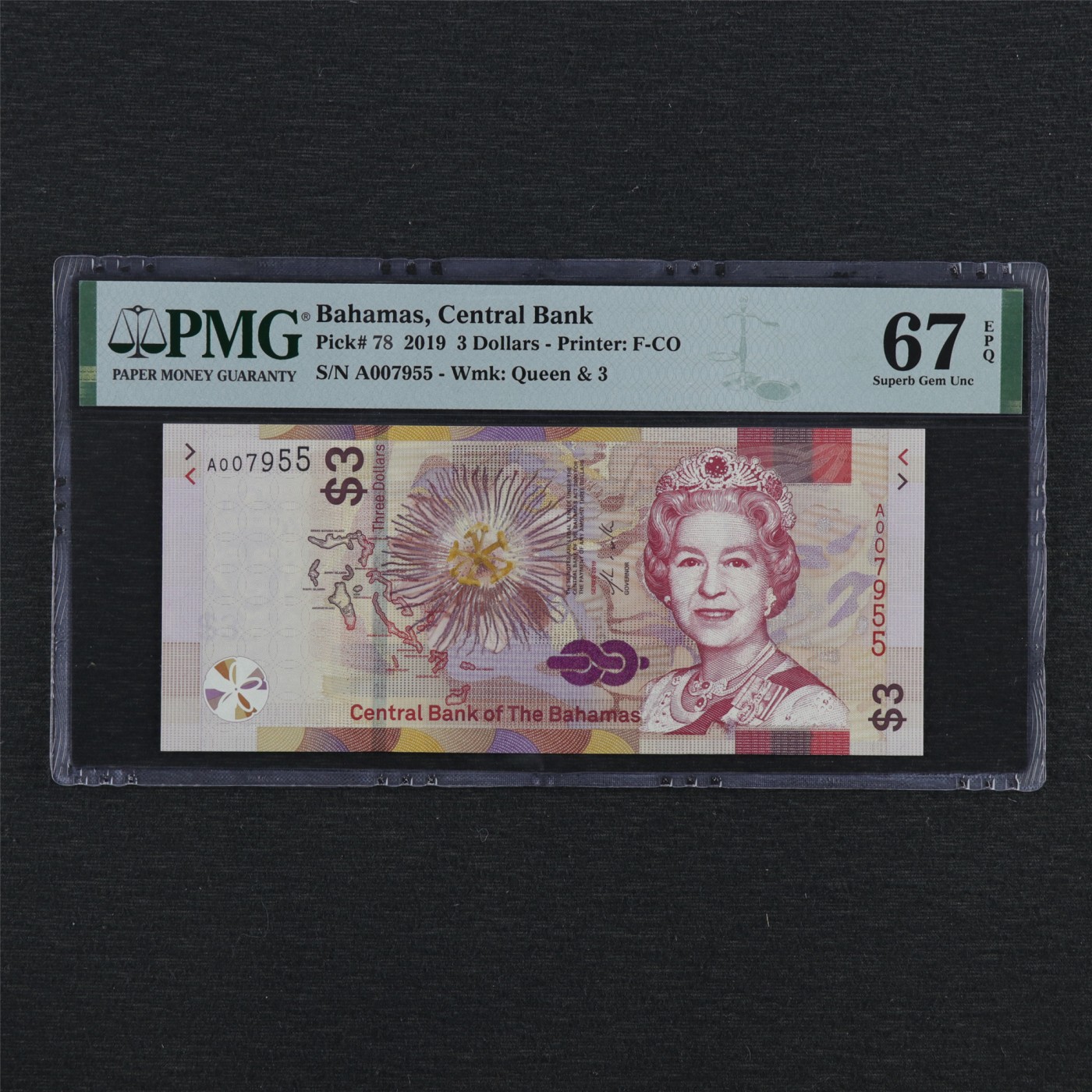 【亘邦集藏】第186期拍卖 2019年 巴哈马斯3元 PMG 67EPQ A007955