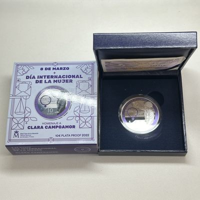 康怡轩钱币【安道尔+西班牙+拉脱维亚+刚果+瑞士+奥地利 纪念币专场】第251014期 2022年西班牙发行克拉拉·坎波莫10欧元彩色精制纪念银币  原盒原证  1枚