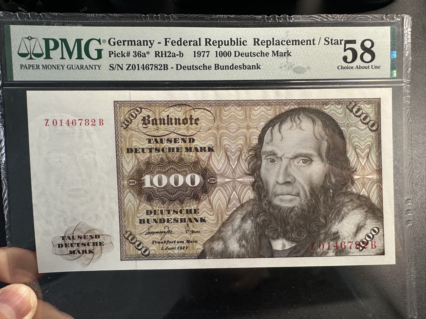 《外钞收藏家》第三百六十五期（连拍第二场） 1977年德国1000马克 舍那 PMG58 补号 稀少 没有明显问题 可以拍了冲高分