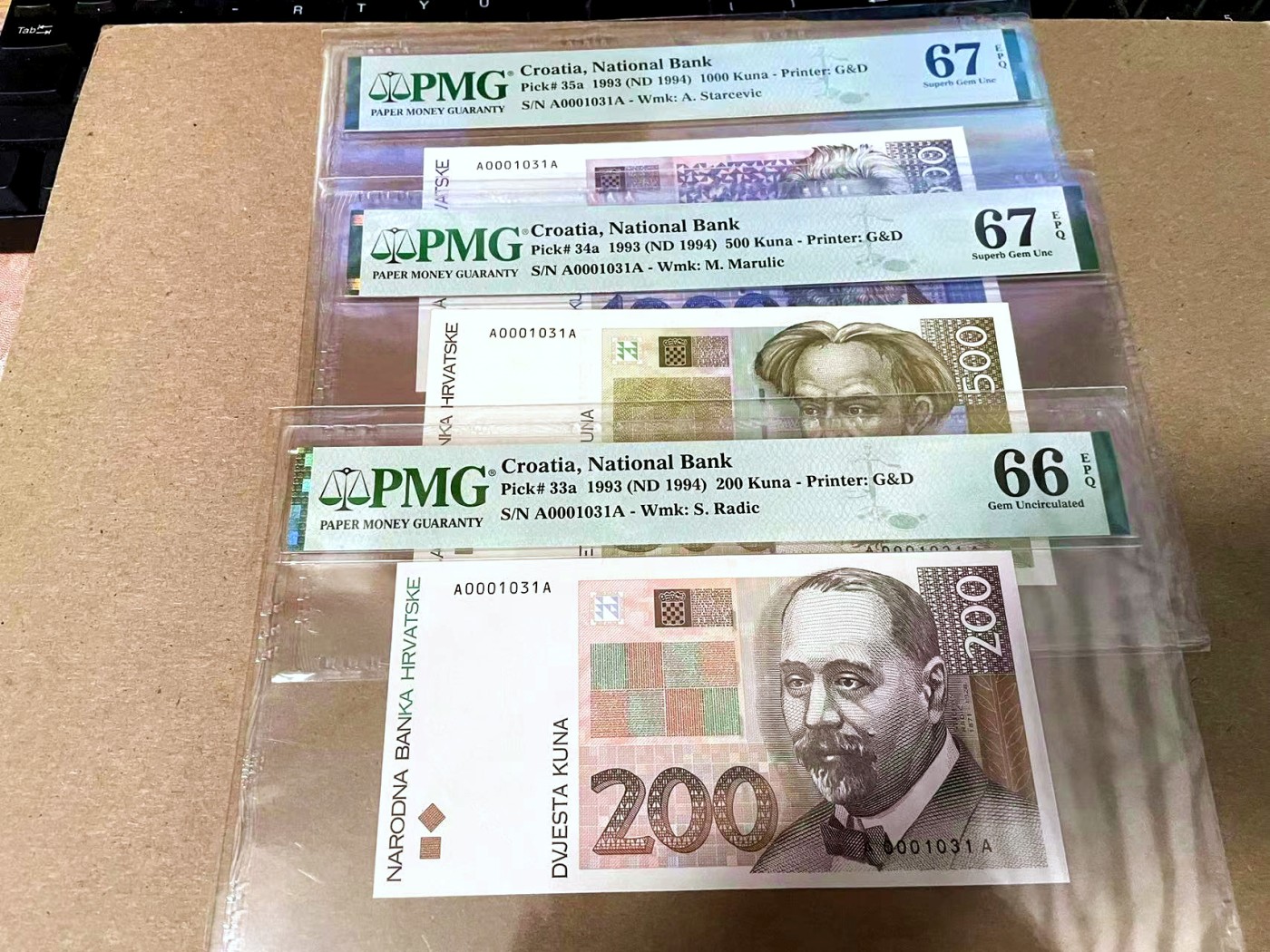 【Blue Auction】✨世界纸币精拍第430期——苍老师专场 PART3  【一组 9张 AA冠1031全同小号】克罗地亚 1993年10-1000库纳 PMG67EPQ-66EPQ 精美  