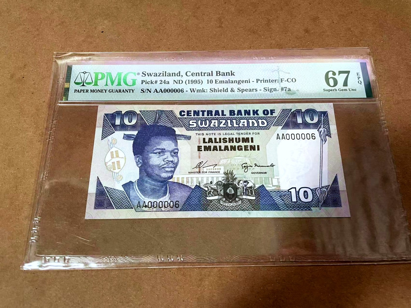 【Blue Auction】✨世界纸币精拍第430期——苍老师专场 PART3 【AA冠6号小号】斯威士兰 1995年10E PMG67EPQ 高分