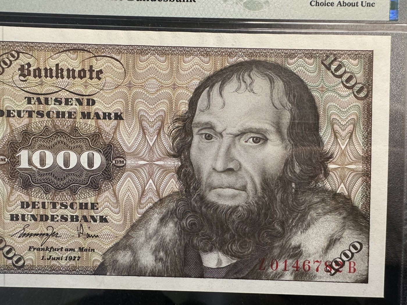 《外钞收藏家》第三百六十五期（连拍第二场） 1977年德国1000马克 舍那 PMG58 补号 稀少 没有明显问题 可以拍了冲高分