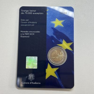 康怡轩钱币【安道尔+西班牙+拉脱维亚+刚果+瑞士+奥地利 纪念币专场】第251014期 2022年安道尔发行货币协议生效10周年2欧元双金属纪念币卡装  1枚