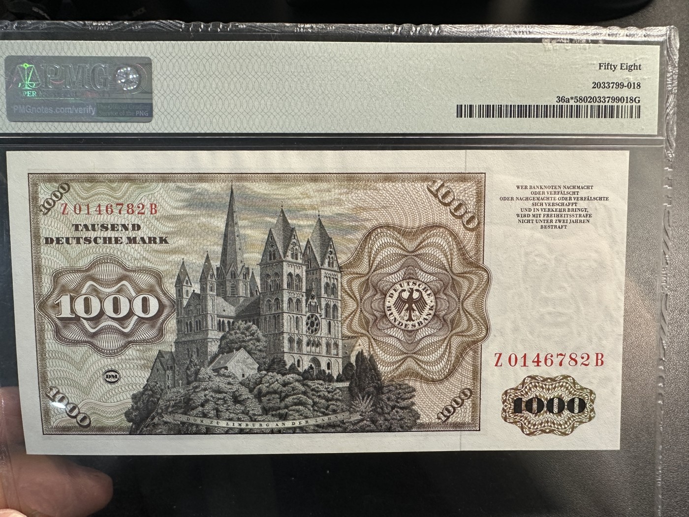 《外钞收藏家》第三百六十五期（连拍第二场） 1977年德国1000马克 舍那 PMG58 补号 稀少 没有明显问题 可以拍了冲高分
