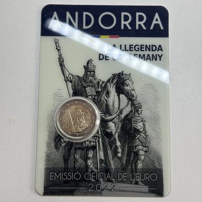 康怡轩钱币【安道尔+西班牙+拉脱维亚+刚果+瑞士+奥地利 纪念币专场】第251014期 2022年安道尔发行传奇的查理曼大帝2欧元双金属纪念币卡装  1枚