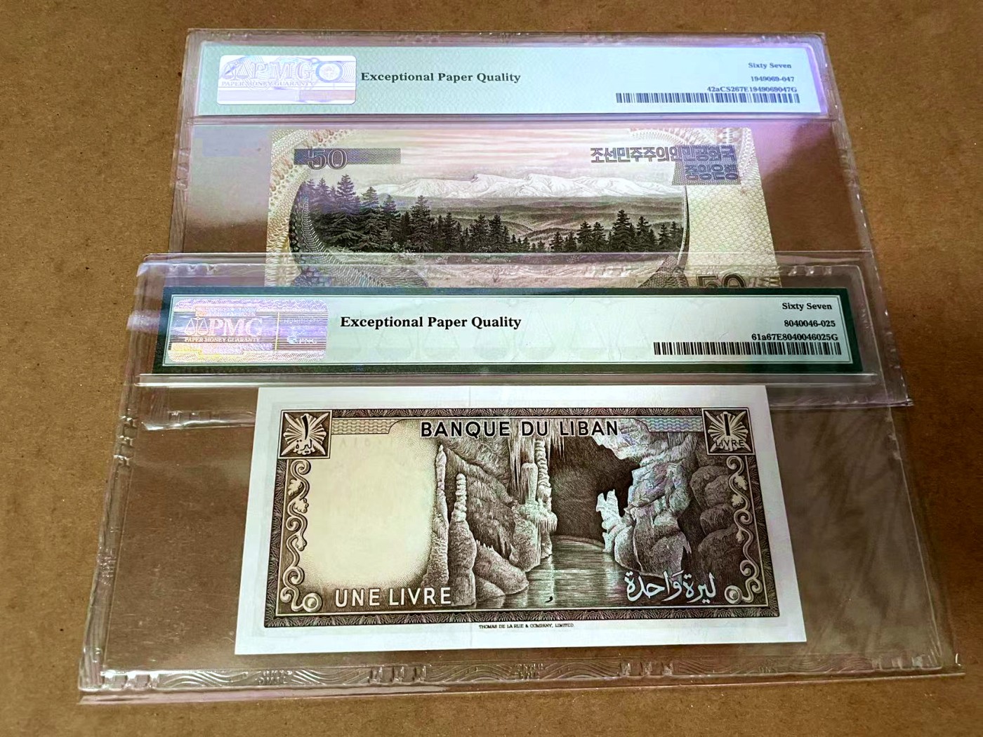 【Blue Auction】✨世界纸币精拍第430期——苍老师专场 PART3 【一组2张】朝鲜 1992年50元 样钞&黎巴嫩 1964-68年1里弗 无47 PMG67EPQ 