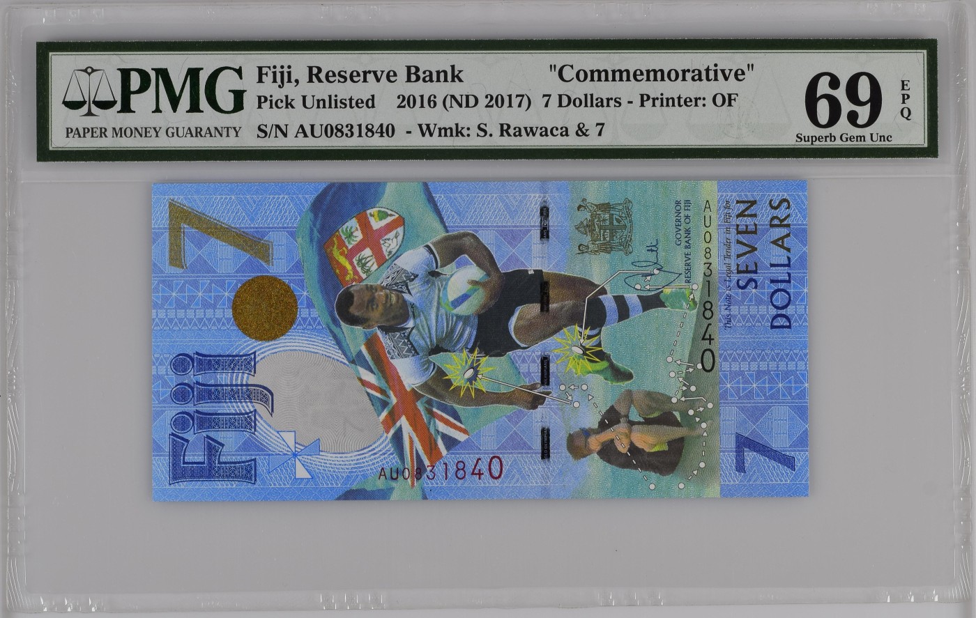 收藏联盟Quantum Auction 第322期拍卖  斐济2016 (ND 2017)年7元奥运橄榄球夺冠纪念钞 PMG69 冠军分