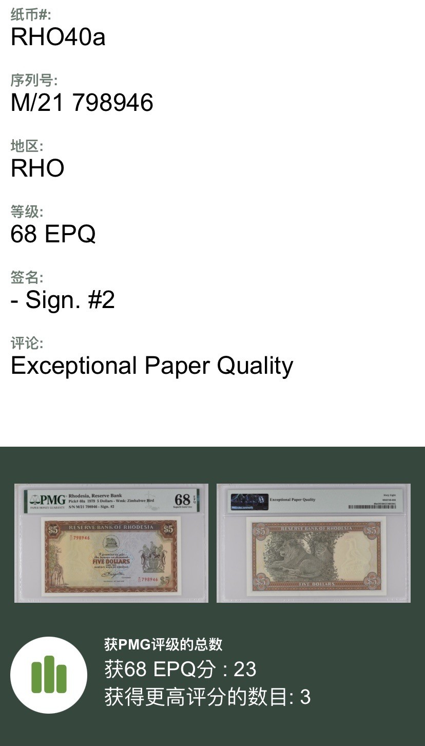 收藏联盟Quantum Auction 第322期拍卖  罗德西亚1979年5元 PMG68 仅3张更高分