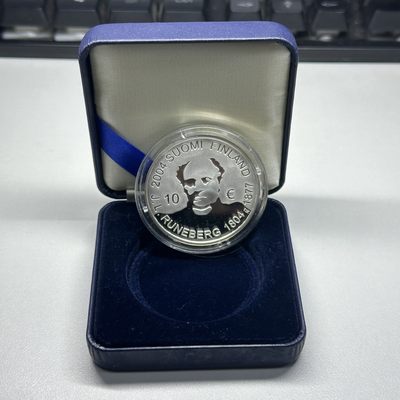 康怡轩钱币【以色列+葡萄牙+库克+澳大利亚+芬兰】第251003期  2004年芬兰发行诗人约翰·鲁纳伯格10欧元精制纪念银币·名人  原盒无证  1枚