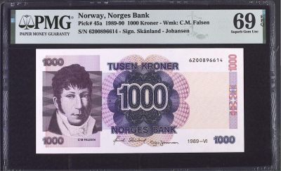 《张总收藏》137期-节前收官-外币畅拍场 - 挪威1000克朗 PMG69E 1989年首发年 挪威民族主义政治领袖发尔森 超高分 唯二冠军分