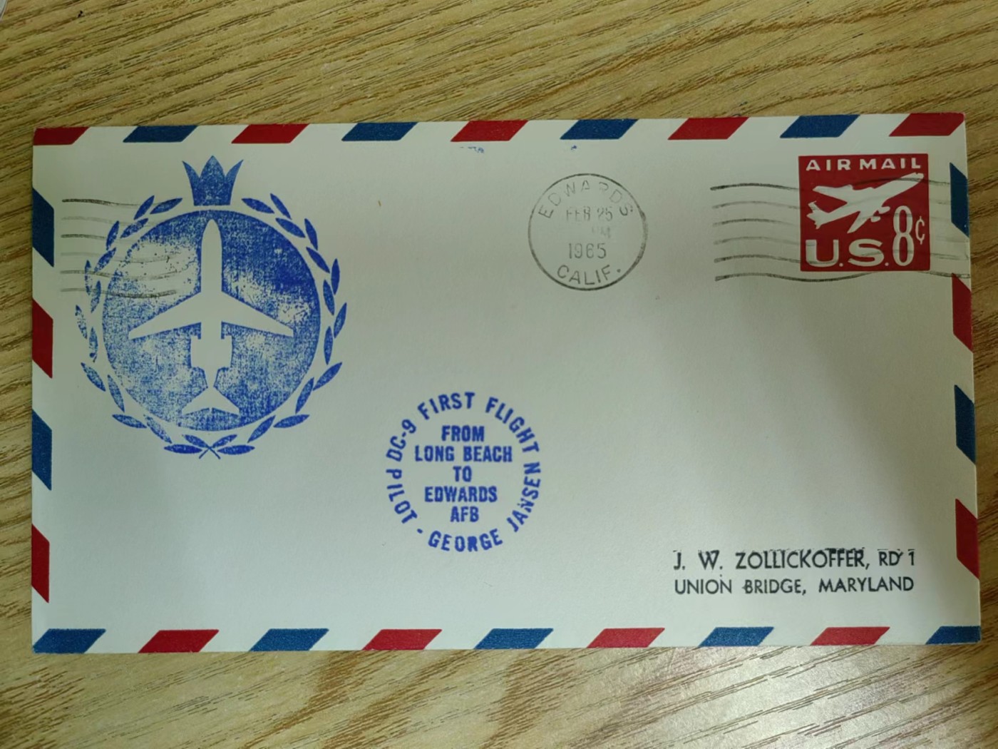 多国邮品✌（拍卖场）精品🔥专场 第④⑥场 美国1965年实寄航空邮封（长滩-爱德华兹空军基地）