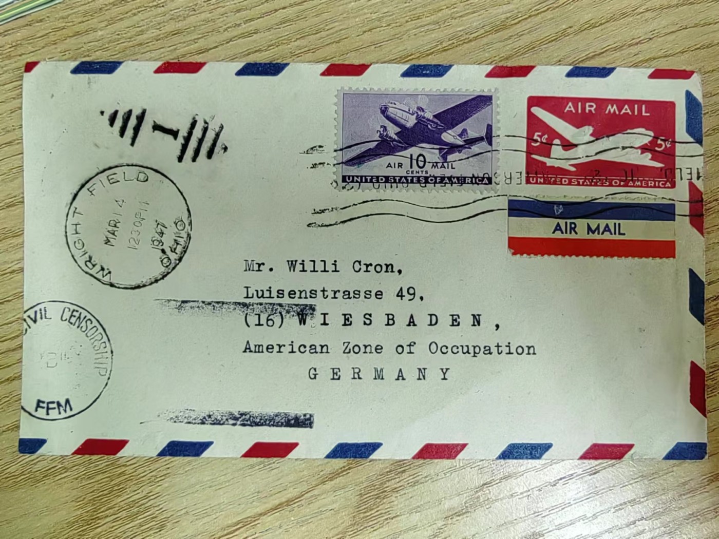 多国邮品✌（拍卖场）精品🔥专场 第④⑥场 美国1947年 实寄（美国-德国的美国占领区）航空邮封（有完整邮路戳）