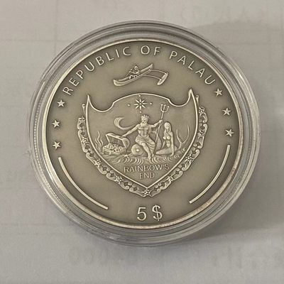 康怡轩钱币【新加坡+不丹+澳门+帕劳+美国+蒙古 纪念币专场】第251010期  2012年帕劳发行世界珍宝系列--黄水晶5元仿古纪念银币 无盒证