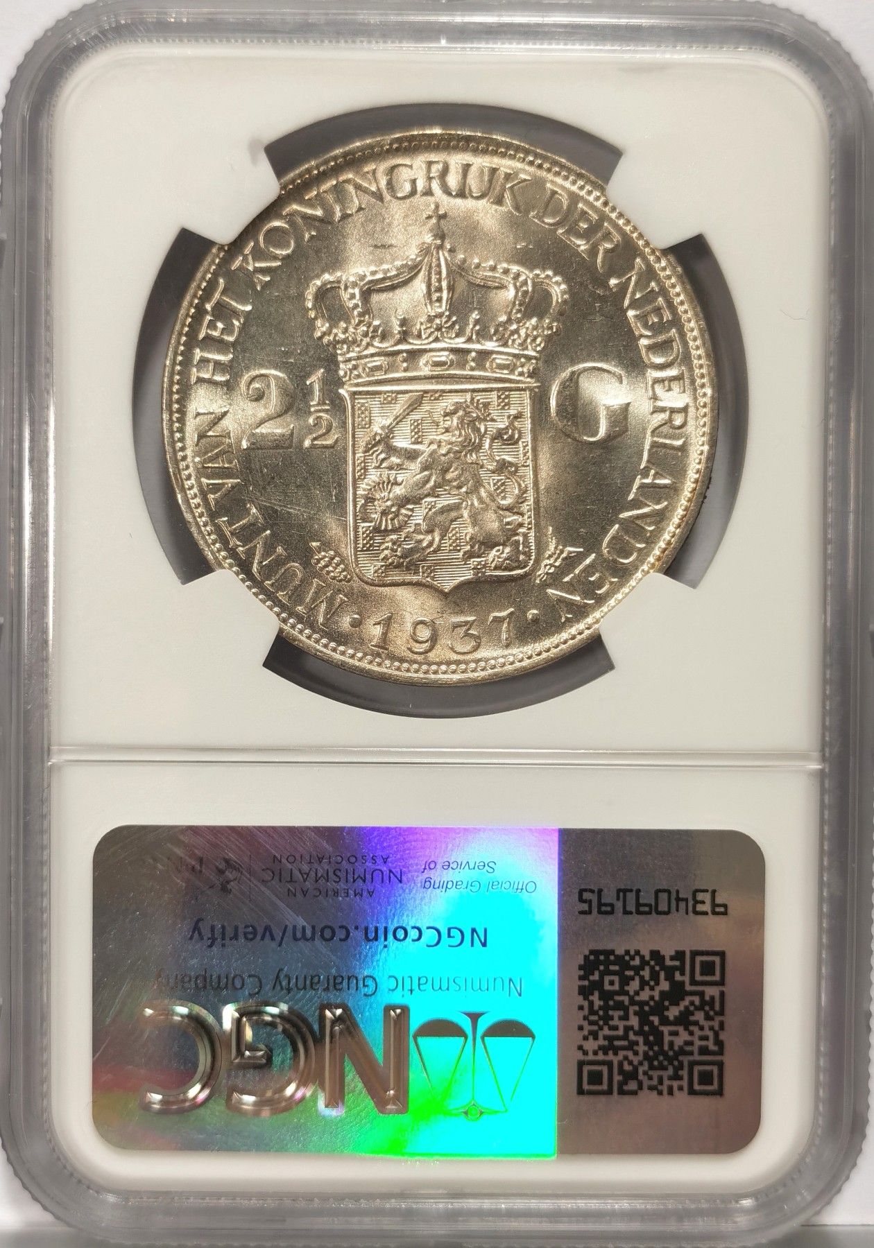 博洋堂世界钱币拍卖第064期（全场包邮） NGC MS62 荷兰1937年威廉明娜女王2.5盾大银币