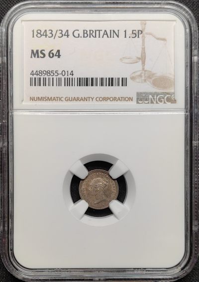 第31期钱币微拍 年终 全场顺丰包邮 - NGC MS64 英国 1843/34年 维多利亚女王 1.5便士银币 用于锡兰和牙买加地区 少见骑字版