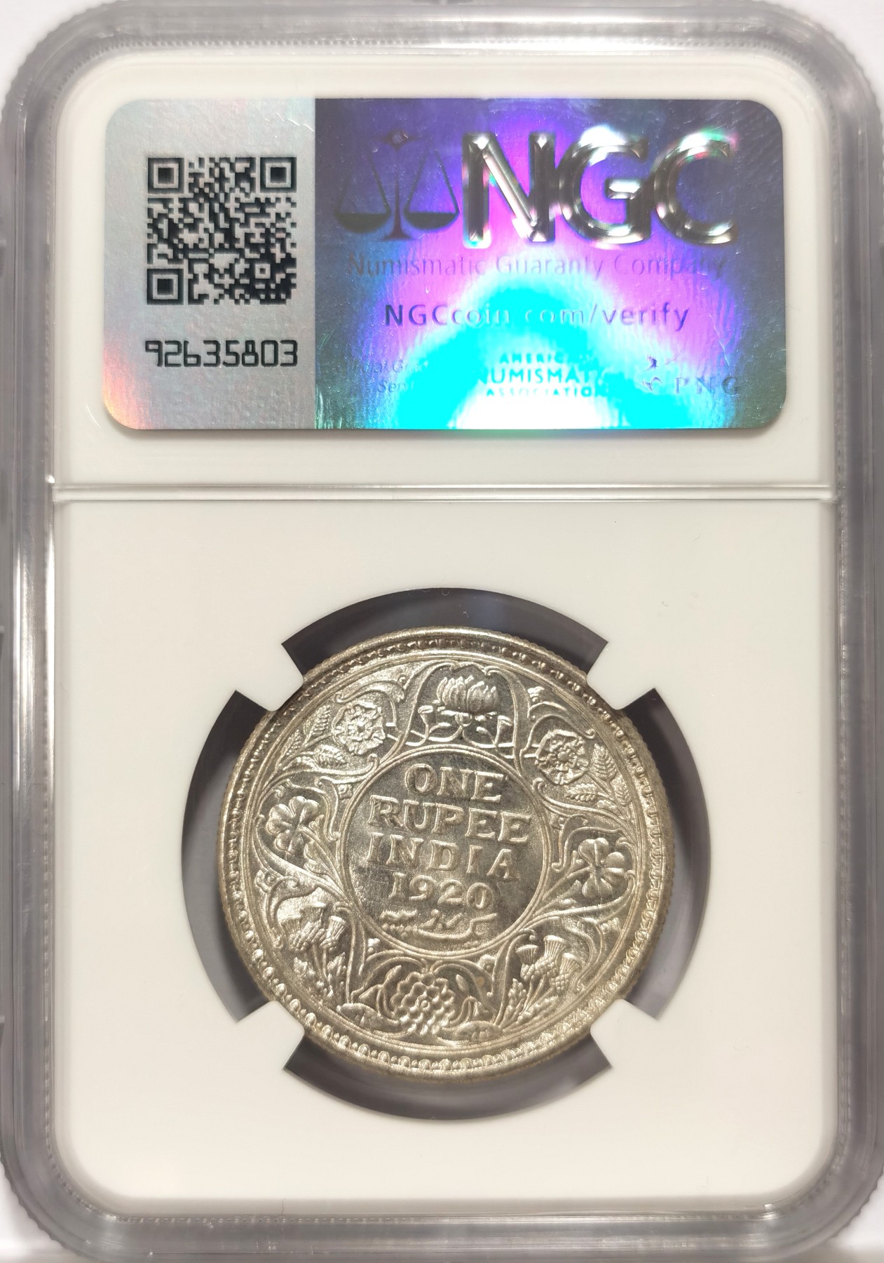 博洋堂世界钱币拍卖第064期（全场包邮） NGC MS63 英属印度1920年C版乔治五世1卢比银币